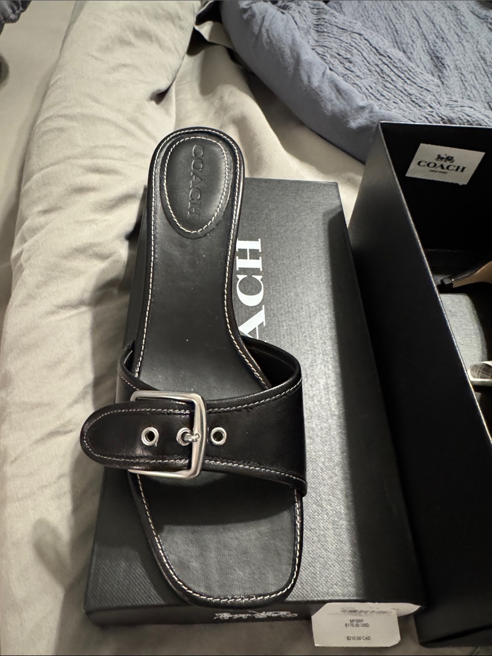 Coach Black Leather Men’s Slide with Silver Buckle